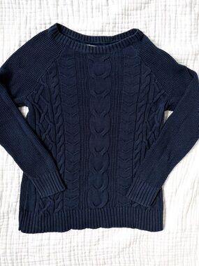 LL Bean Cable Knit Sweater Navy Cotton Fisherman Crew Neck Small